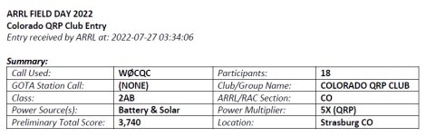 Colorado QRP Club Field Day Entry 2022